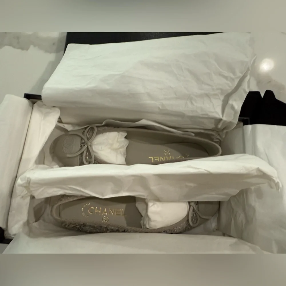 NWT Chanel ballerina, size 37 (US7), gray, gold, ivory - Picture 3 of 6